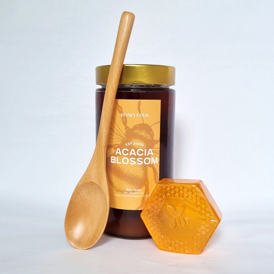 Bundle Acacia Blossom 1kg, Wooden Spoon & Antibacterial Honey Soap 100g